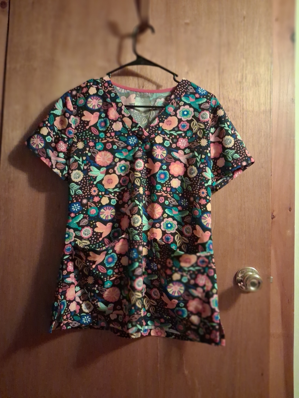 Med Couture Black Floral V-Neck Top with Pink & Teal Accents. NWOT